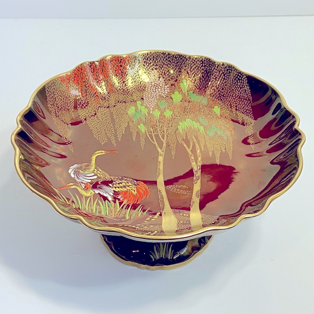 Carlton Ware Rouge Royale Hand Painted Crane/Willow Tree Scene Red Pedestal Dish